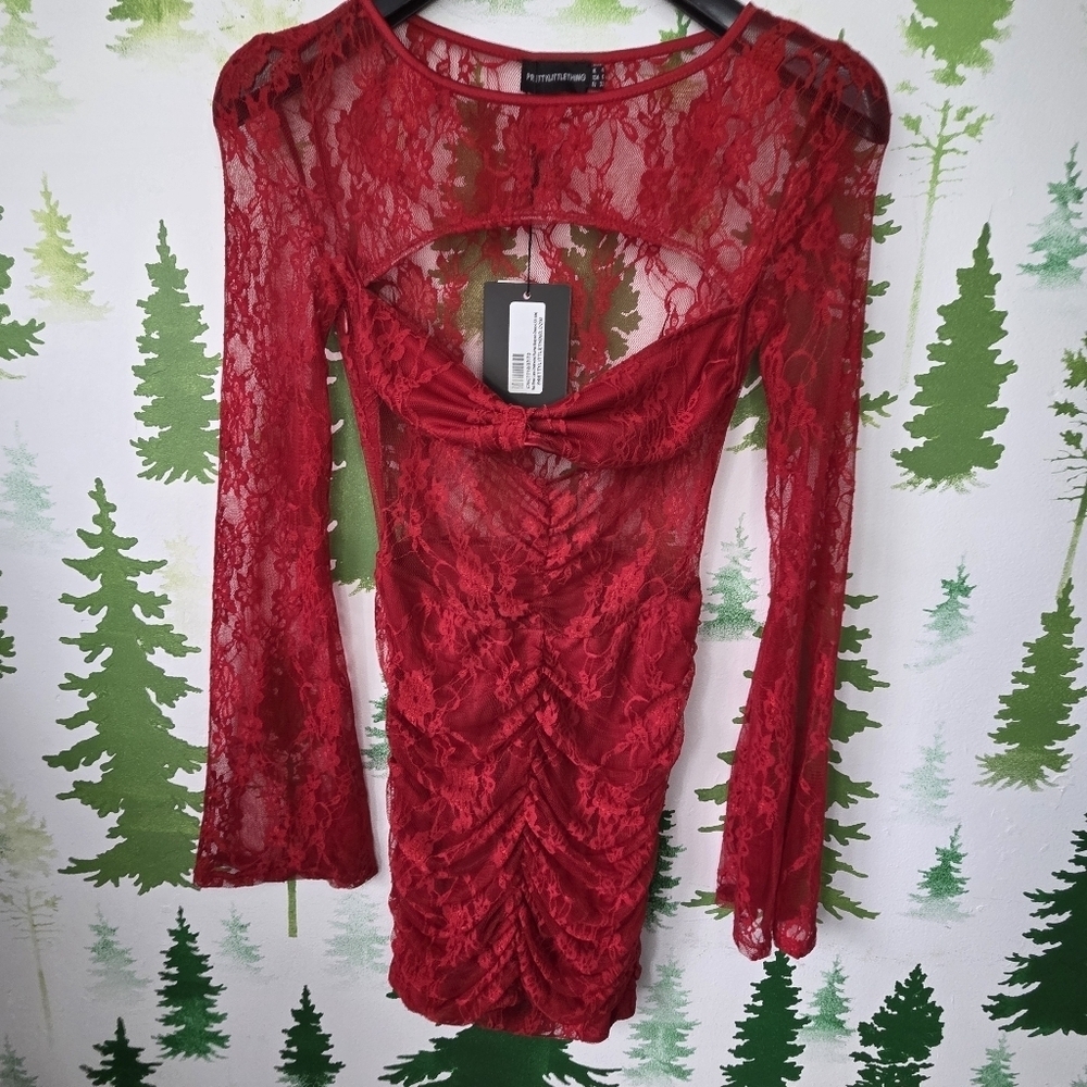 Red Sheer Lace Underwired Ruched Bodycon Dress.